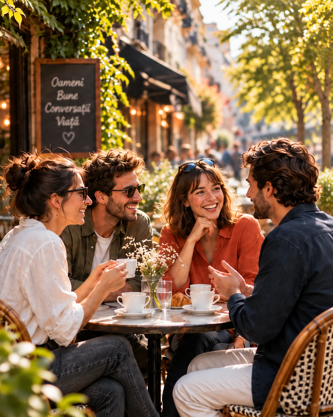 Imagine de prezentare: patru adulți stau de vorbă la o cafea, pe o terasă cu verdeață.